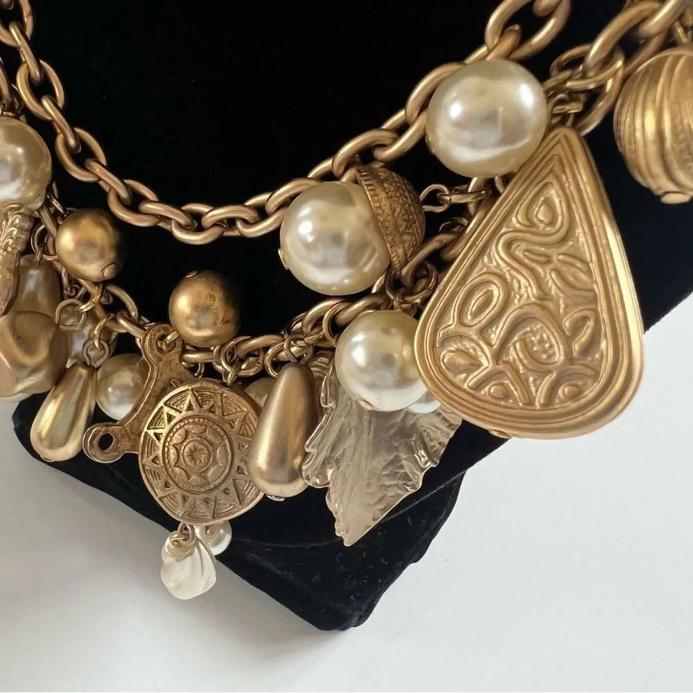 Pearl Gold Tone Dual Chain Charm Necklace